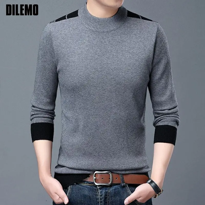 

New Fashion Brand Knit Half Turtleneck Patchwork Men Pullover Sweater Top Quality Casual Jumper Autum Winter Men's Clothing