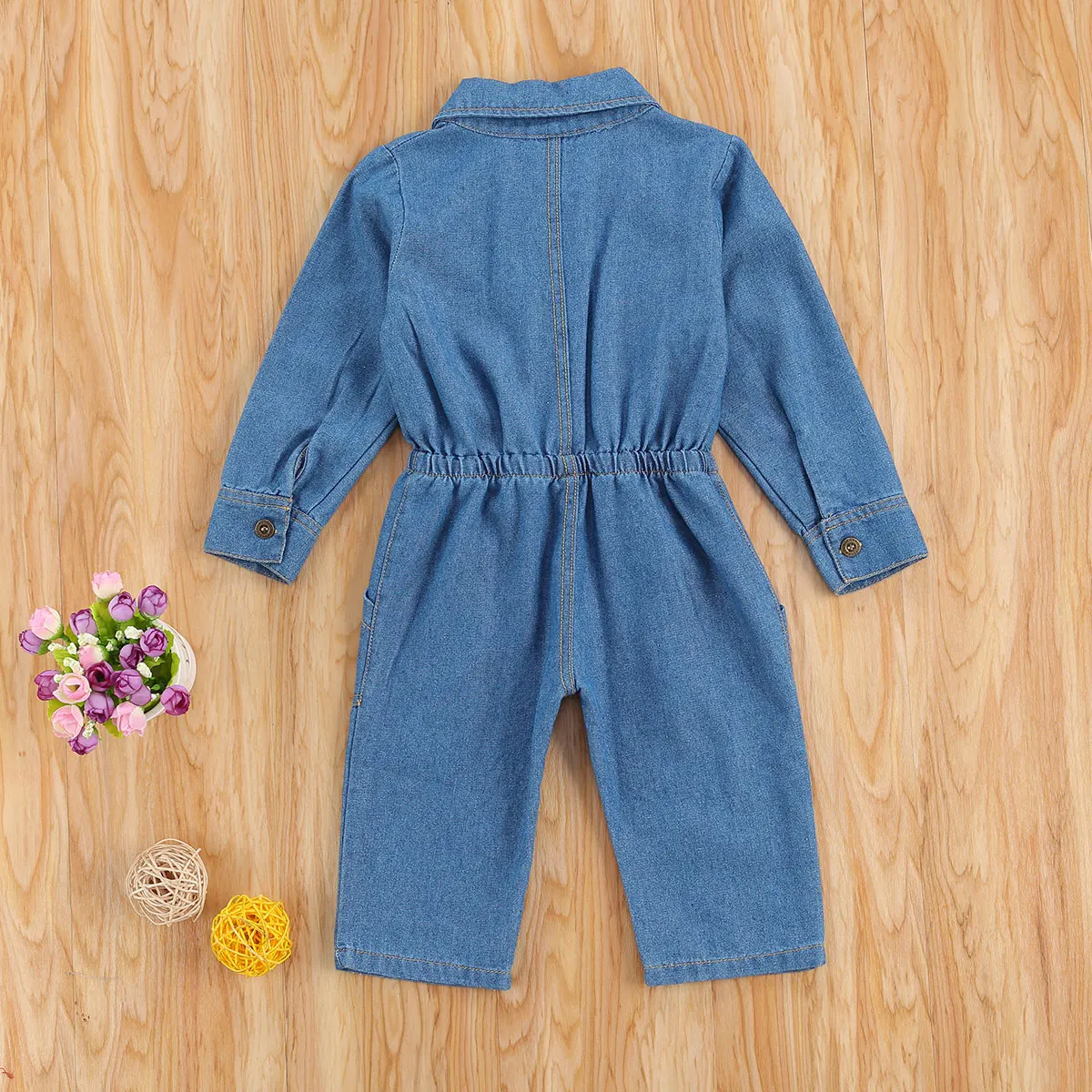 

2-7Y Fashion Kids Girls Jumpsuits Blue Denim Long Sleeve Turn Down Collar Single Breasted Autumn Rompers