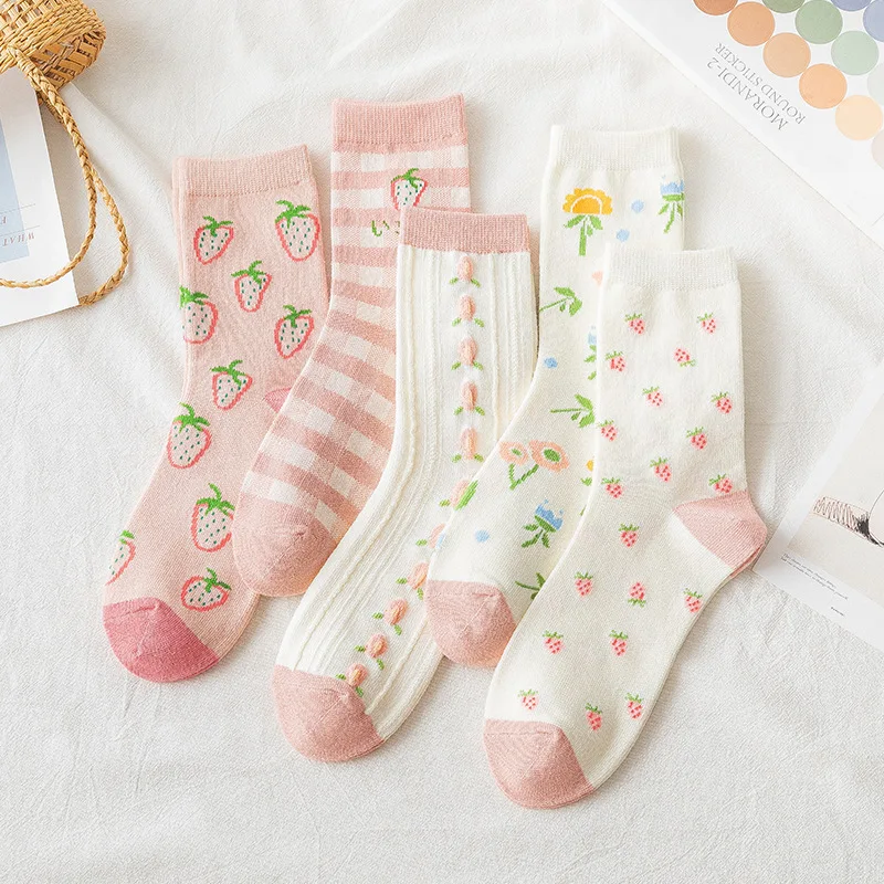 

High Quality New Women's Long Sock Cotton Cute Kawaii With Print Strawberry Peach Korean Style For Girls Gift