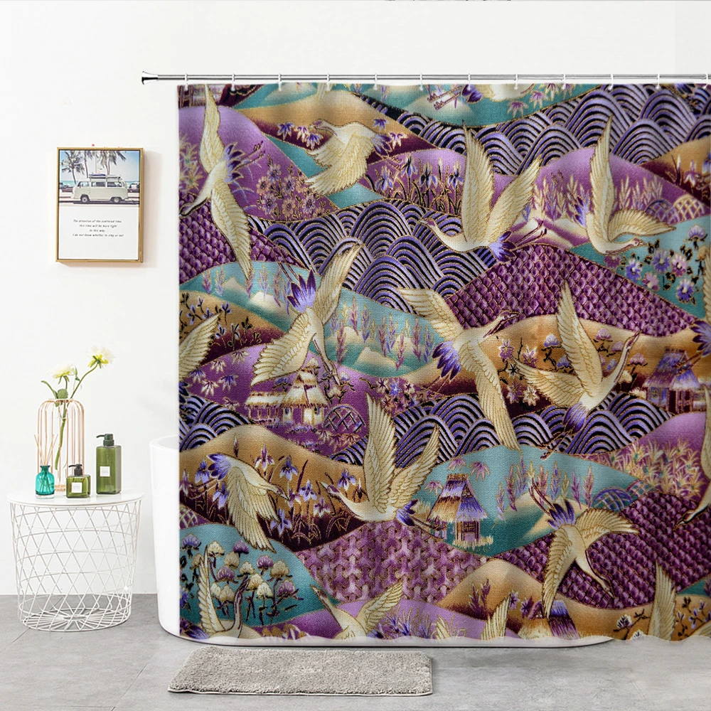 

Japanese Pattern Shower Curtain Illustration Style Auspicious Clouds Pattern Black Background Home Decor Bath Curtains With Hook