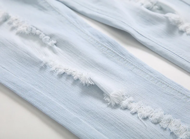 

Mens Jeans Male Directly Canister Elastic Force Denim Pants Light Blue Holes Men's Hip Hop Jean