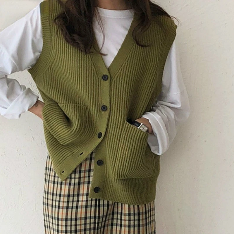 

Knitted Sweater Vest Women Soft Stretchy Simple Basic Daily V-neck Solid Open-stitch Female Street-wear Vintage Korean All-match