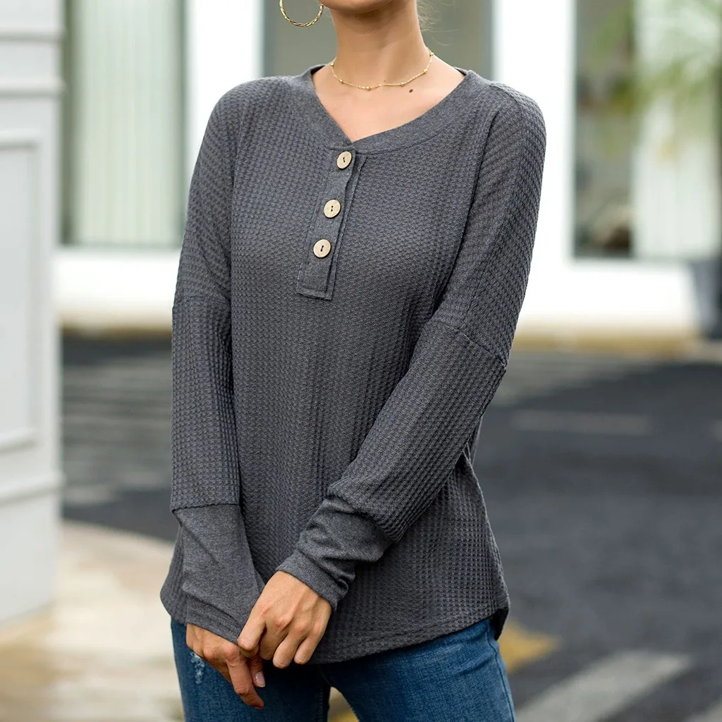 Осенний Вязаный топ с круглым вырезом и пуговицами женская одежда футболка