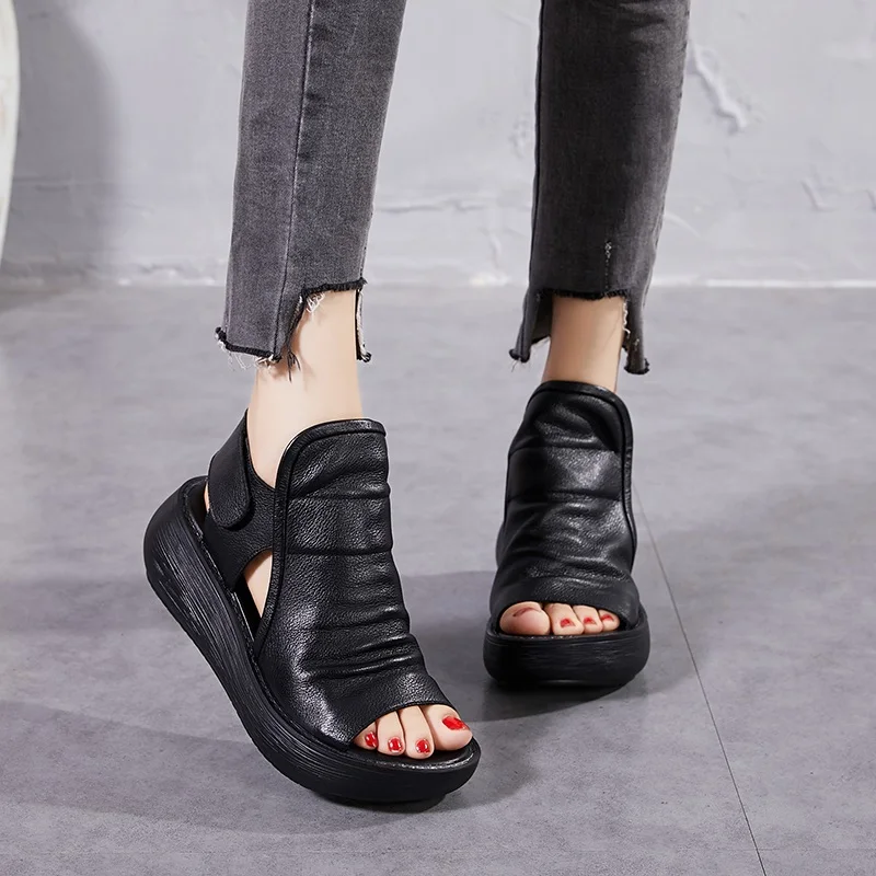 

2021 fish mouth high quality soft cow leather punk summer roman shoes women sandals platform heighten shoe casual wedges sandals