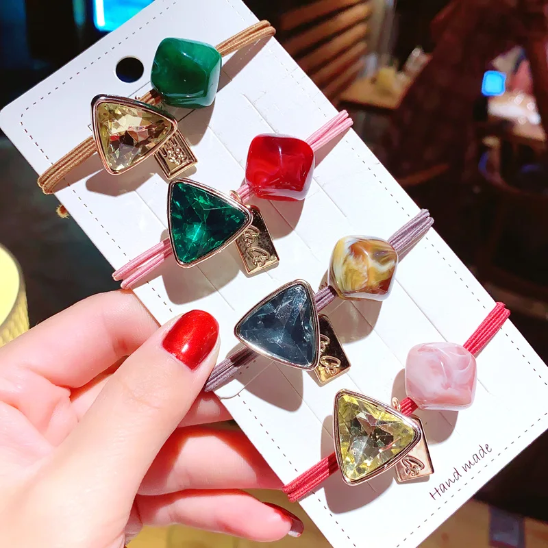 

4PCS/Set Candy Color Triangle Crystal Hair Bands for Women Nylon Elastic Hairband Scrunchie Ponytail Ornament Hair Accessories