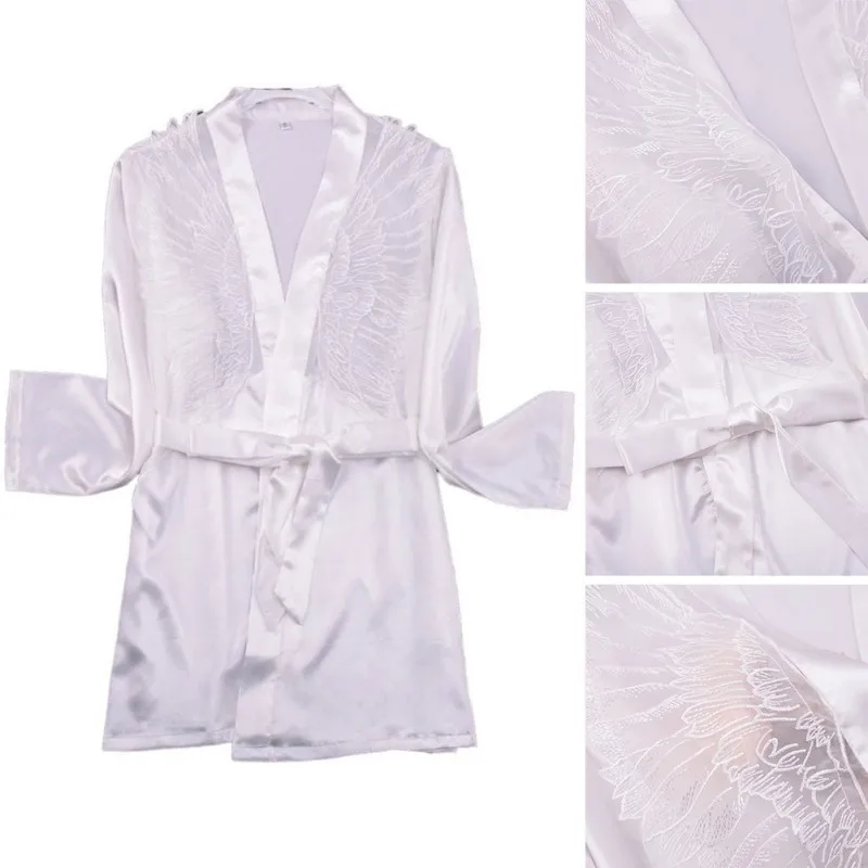 

Lace Wing White Robes Women Sexy Solid Color Imitation Silk Sleepwear Casual Home Sleepwear