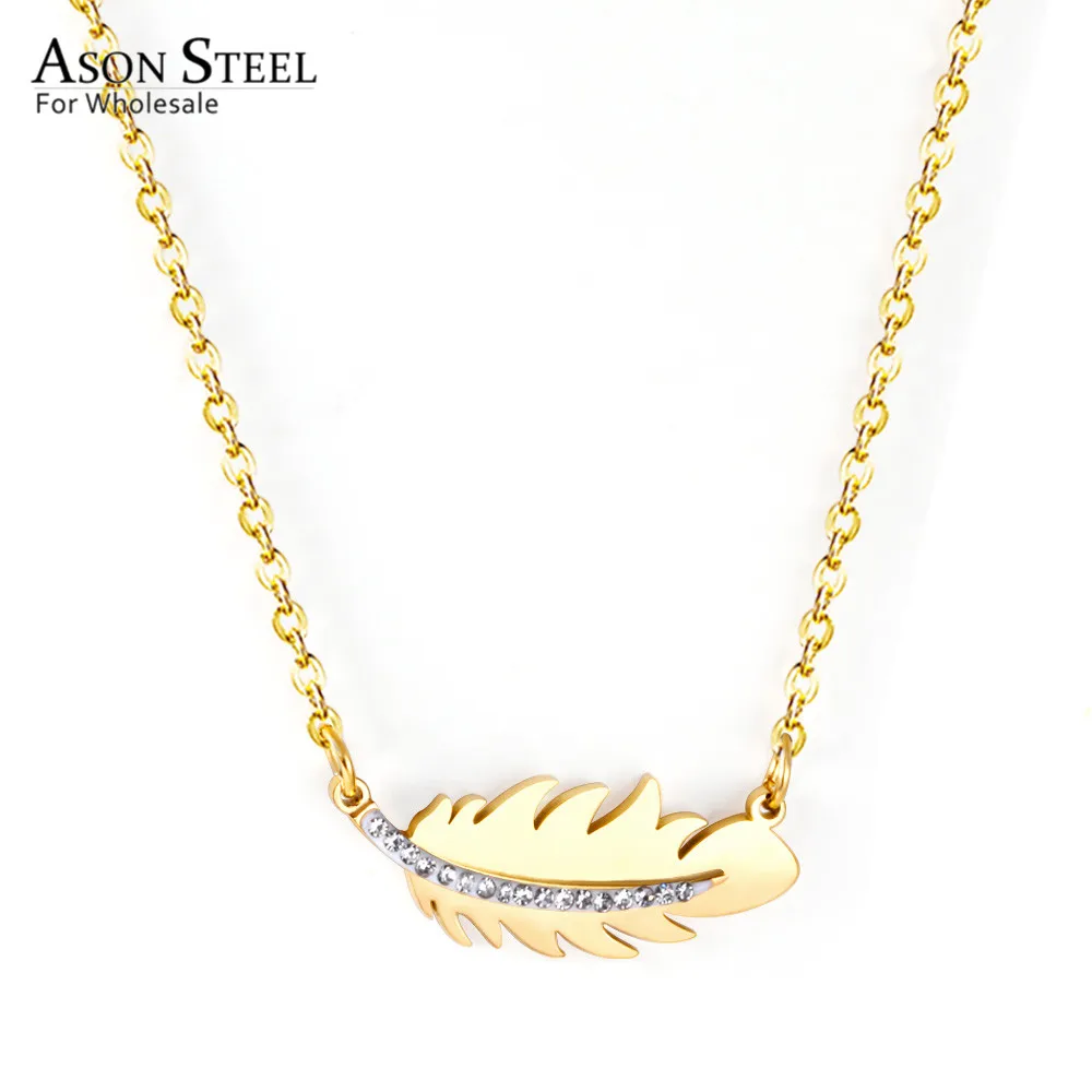 

ASONSTEEL Gold/Silver Feather Pendant Necklace with Rhinestone 316L Stainless Steel Chain for Women Jewelry Gift Accessory