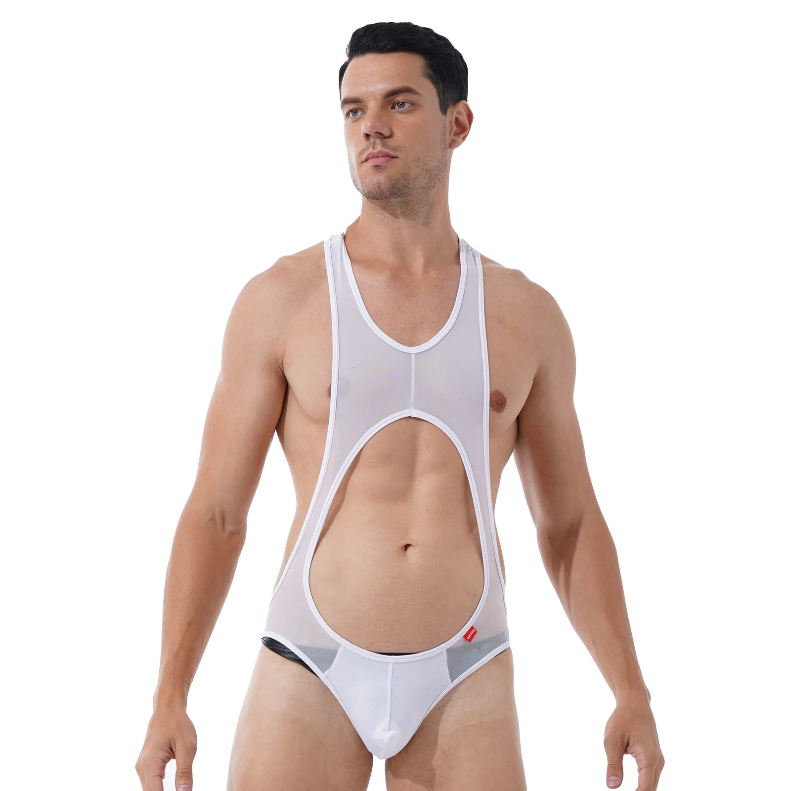 Mens Lingerie See-through Mesh Wrestling Singlet Leotard Fitness Hollow Out Sleeveless Bodysuit Bulge Pouch Skinny Jumpsuit | Спорт и