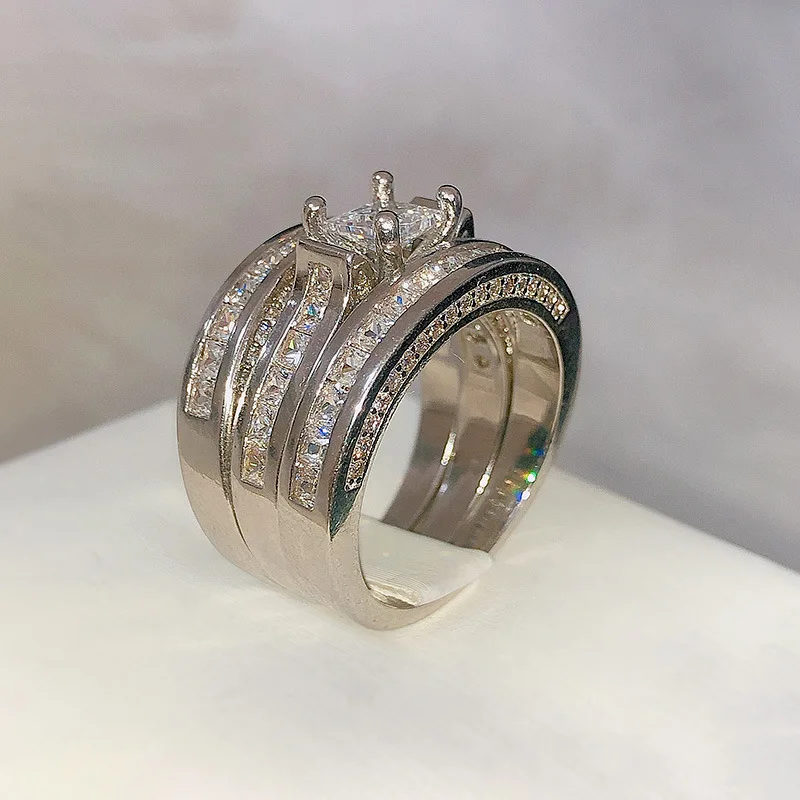 

CHAMSS Luxury Square Diamond Wedding Three-Piece Ring Elegant Women's Fashion Romantic Gift
