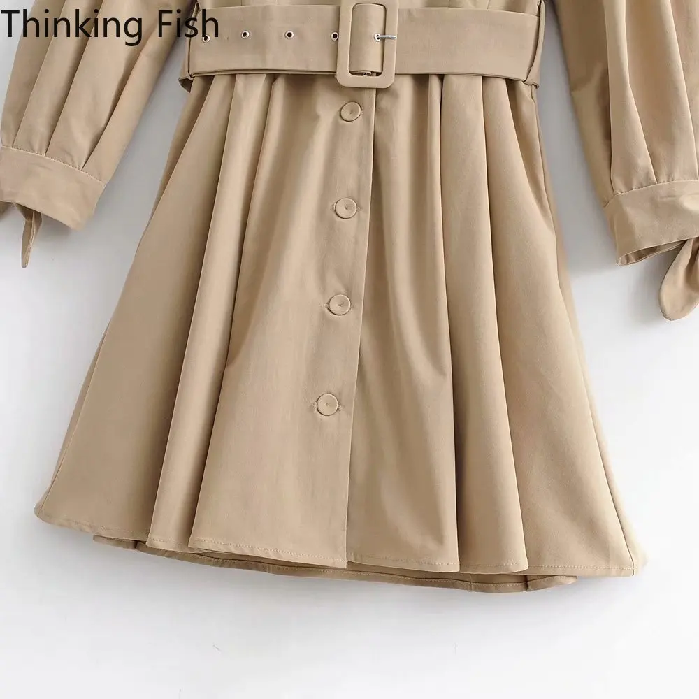 

Fashion v-neck dress chic khaki waistband miniskirt fashionable woman long-sleeved dress casual elegant lady Vestidos button bow