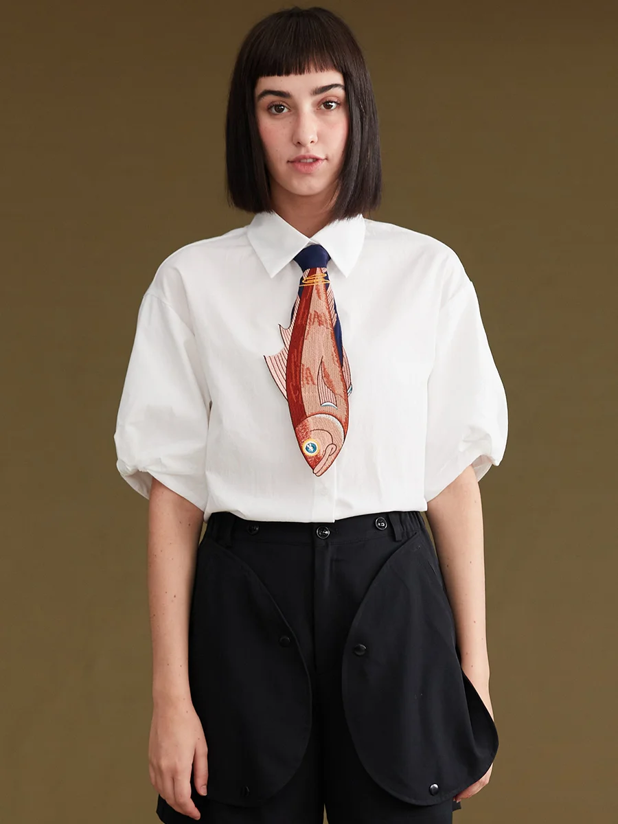 Галстук женский асимметричный с вышивкой веселая рыбка | Аксессуары для одежды