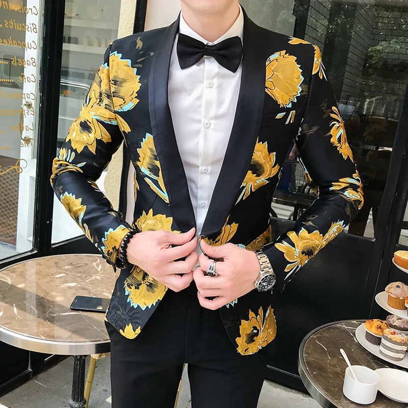 Новинка 2019 цветочный Мужской Блейзер черный золотой принт повседневный мужские