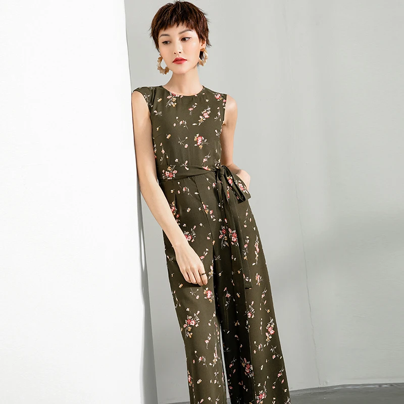 2020 Women Summer Jumpsuit Party High Street Chiffon Elegant Wide Leg Print Floral Rompers with Sashes Plus Size 3XL 4XL