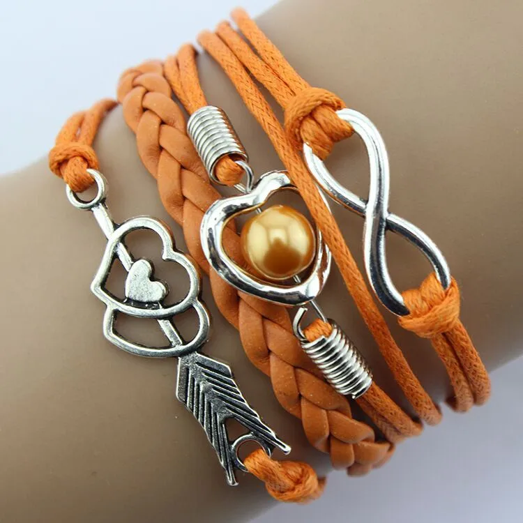 

Infinity Love Heart Pearl Friendship Antique Leather Charm Bracelet Fashion Retro Design Jewelry For 2020 Valentine's Day Gifts