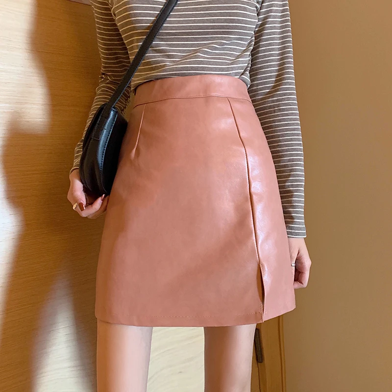 

Pink Short PU Leather Skirt Mustard Yellow Split A-line Mini Leather Skirt