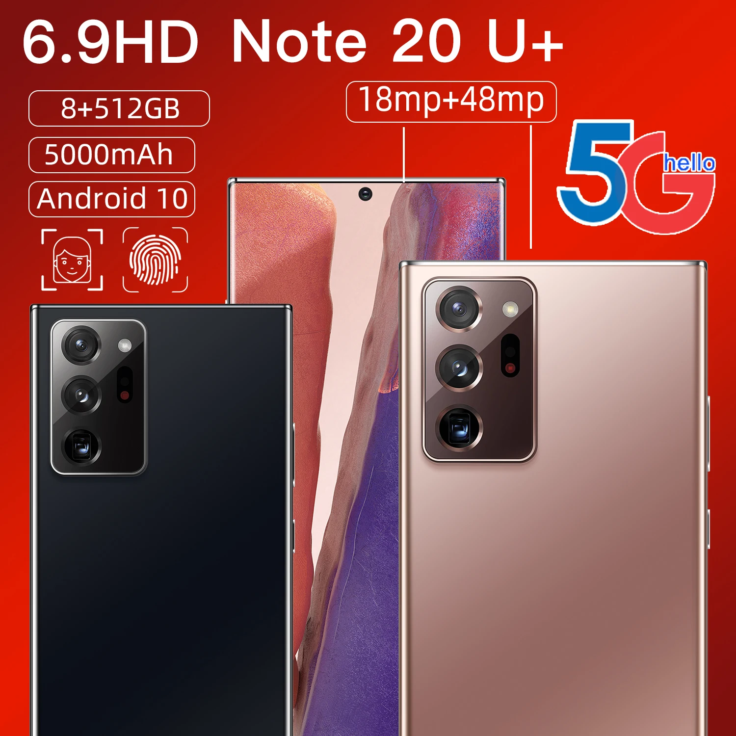 

Smartphone Android Note20U+Note20U+ 6.9Inch Smartphone Full Screen 5800mAh 12+512GB 24+48MP Face ID 4G LTE 5G Mobilephone
