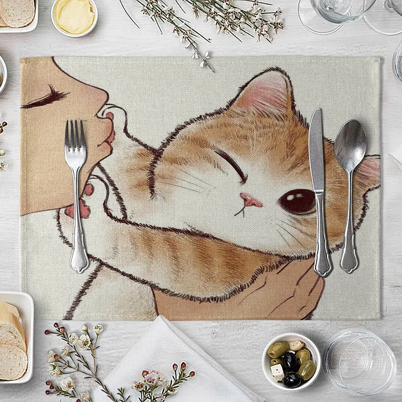 Коврики для кошек льняные салфетки стола милые Коты Мультяшные животные детей