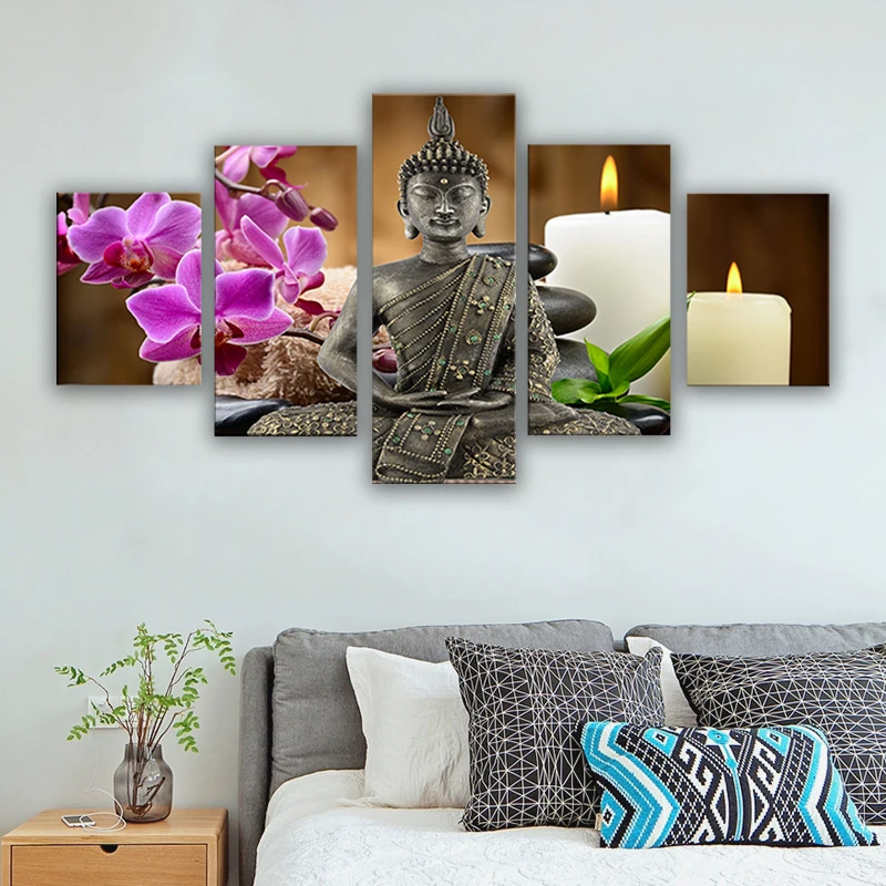 

Framework Modern Living Room Decorative Artwork 5 Panel Buddha Candles Flowers Wall Art Poster Modular Picture Canvas Painting