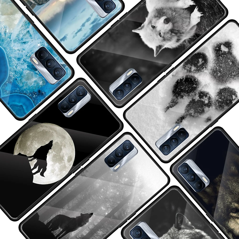 

Fashion Black Wolf for OPPO Realme 7i 7 6 5 Pro C3 XT A9 2020 A52 Find X2Lite Luxury Tempered Glass Phone Case Cover