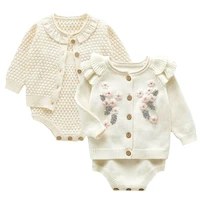 infant baby girls knitting clothing sets long sleeve flower cardigan coatrompers spring autumn toddler girl clothes suit