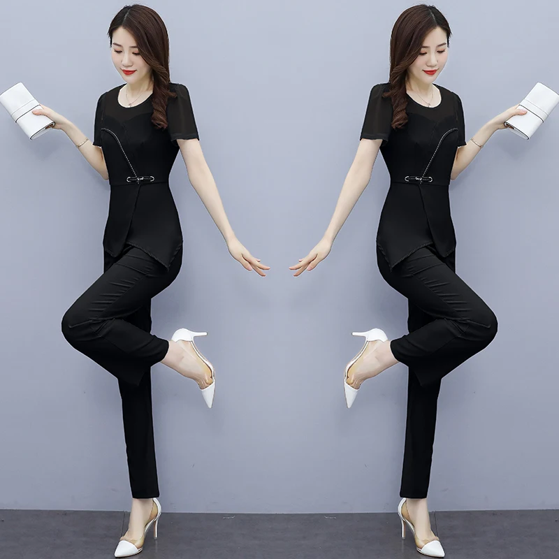 

Blue Women 2 Piece Set Top And Pants Design Office Lady Women's Summer Suit Korean Style Ensemble Femme Survetement