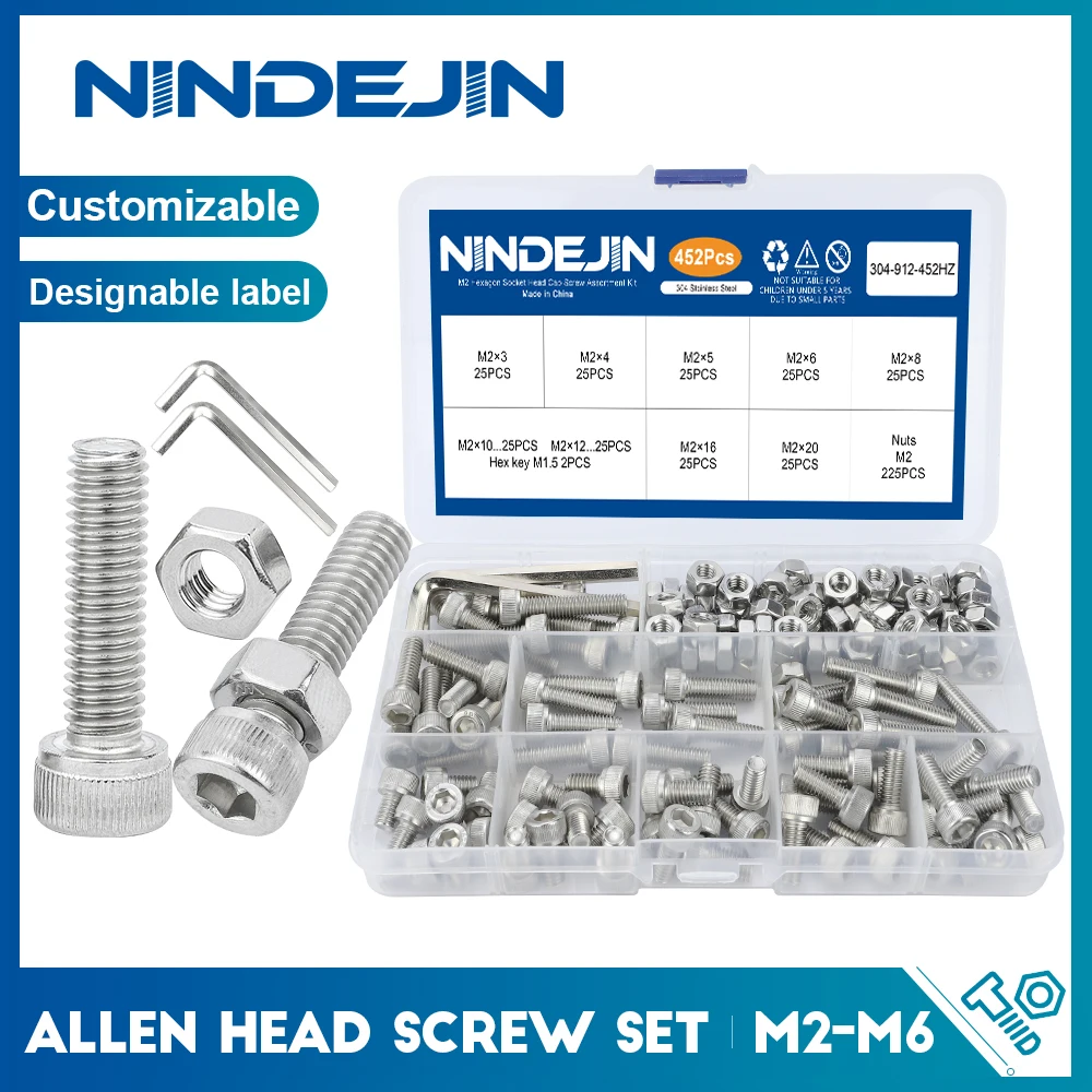 

NINDEJIN Hex Hexagon Socket Cap Head Screws Set Allen Head Screw Kit M2 M2.5 M3 M4 M5 M6 Stainless Steel DIN912 Bolt and Nut Kit