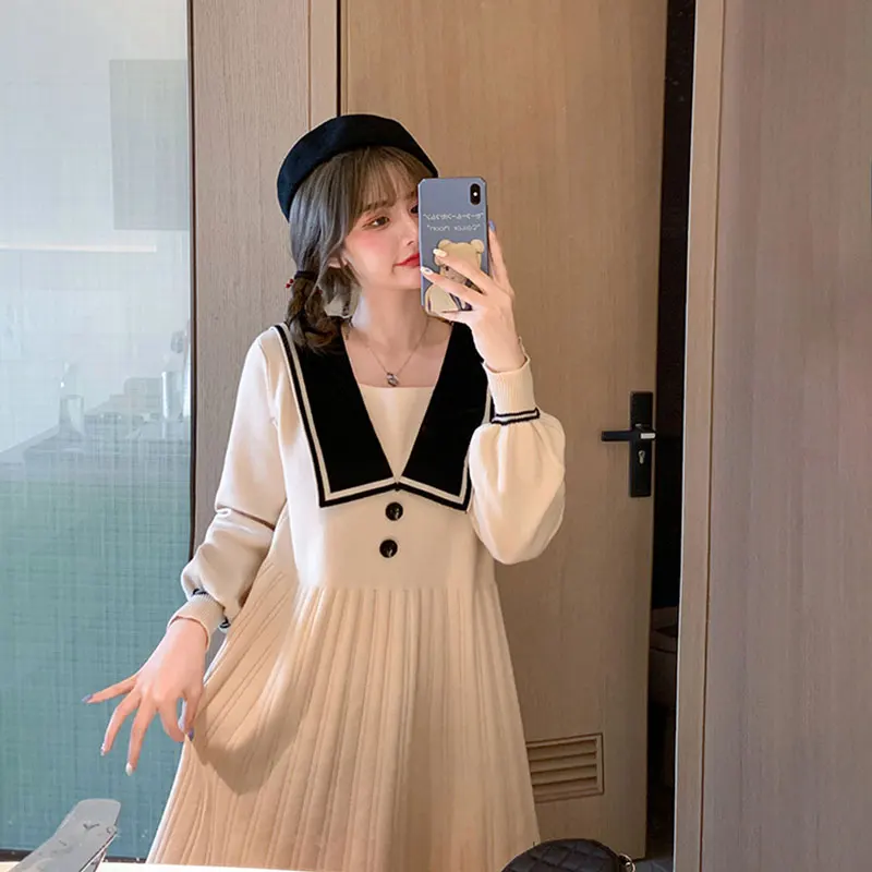 

Autumn college style knitted dress women loose waist waist was thinner mid-length long-sleeved pleated skirt tide