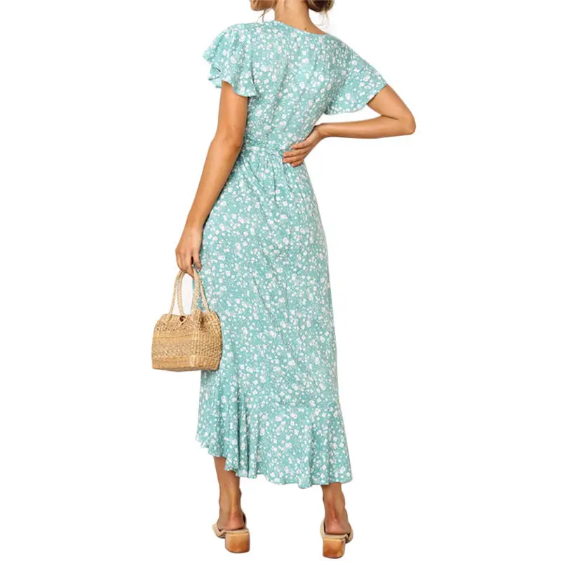 Женское летнее асимметричное платье миди с v-образным вырезом и коротким рукавом