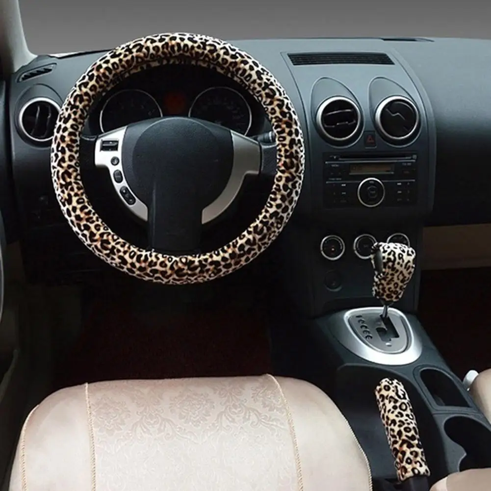 

3Pcs 38cm Winter Leopard Print Car Steering Wheel Hand Brake Shifter Cover Set