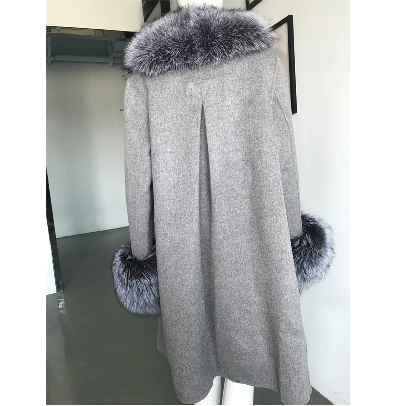 BFFUR Real Fox Fur Cashmere Coat Warm Whole Skin Long Coat Women With Fox Fur Collar Solid Women Wool Jacket With Natural Fur enlarge