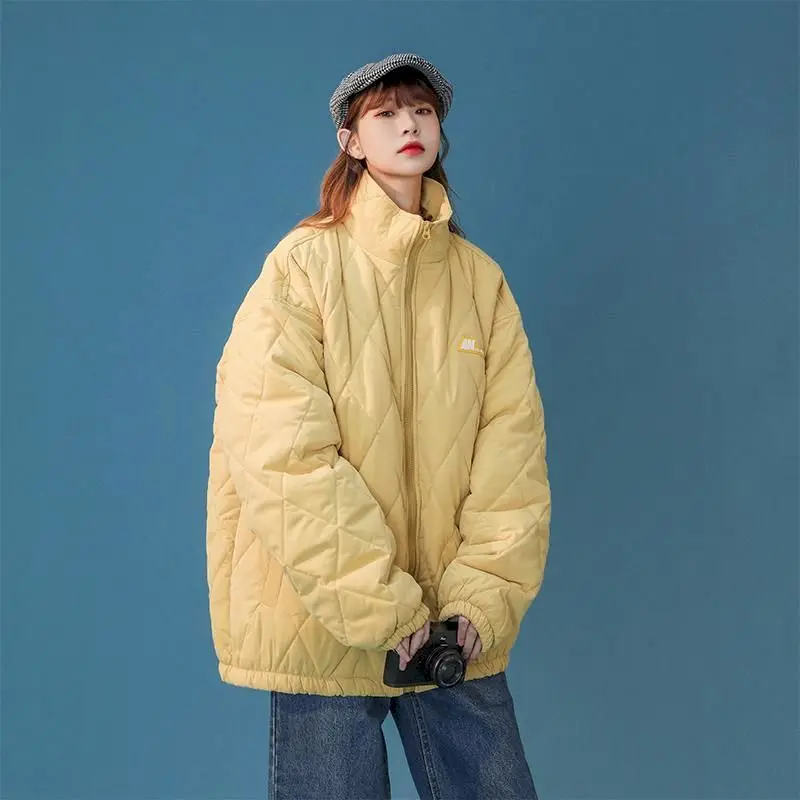 

Кремово-желтая хлопковая куртка, женские ромбовидные стеганые пальто с воротником-стойкой, шикарный корейский Зимний плотный Топ большого ...