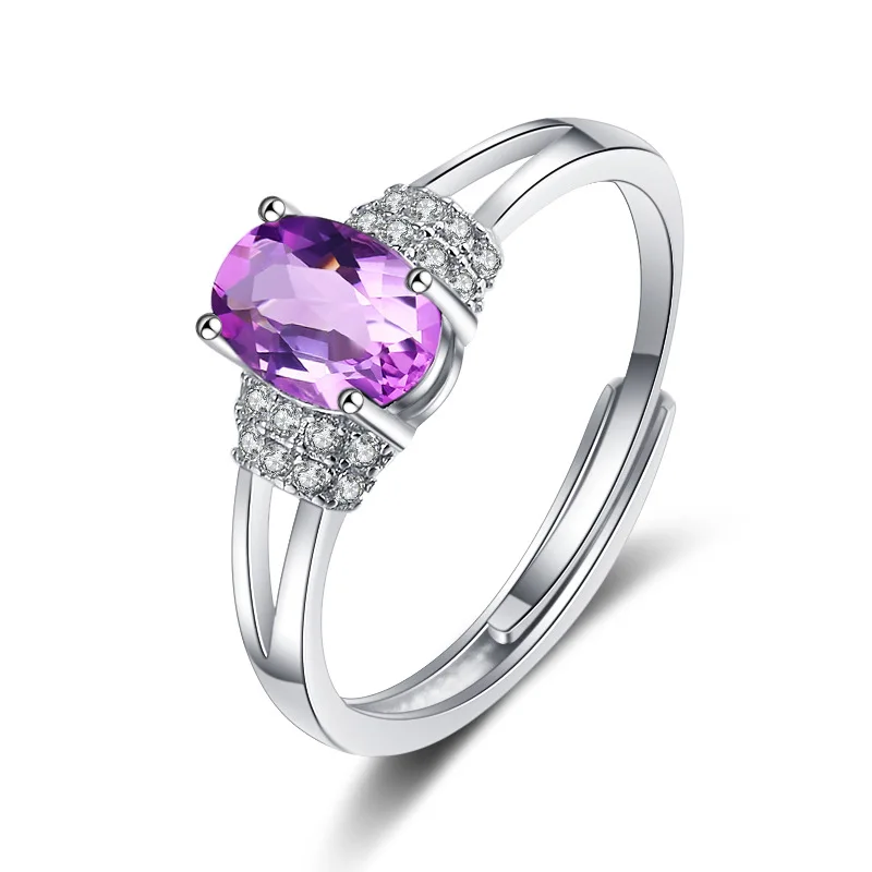 

High Quality 100% 925 Sterling Silver Inlaid Amethyst Ring for Women Wedding/Party/Engagement Open Rings can Adjustable