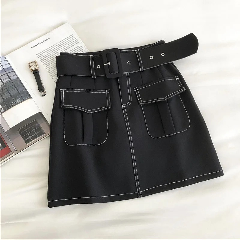 

ins double pocket skirt female spring and autumn new product Korean style high waist A-line skirt mini skirt