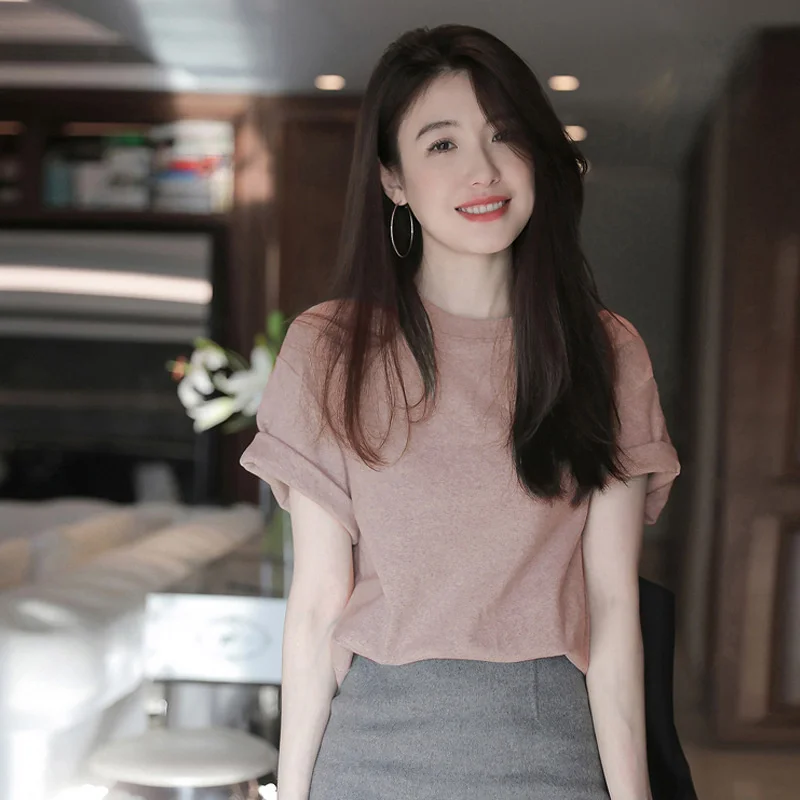 

Summer New Style Pure Cotton White Short-sleeved T-shirt Female Student Thin Bottom Shirt Loose Casual Top Wm*