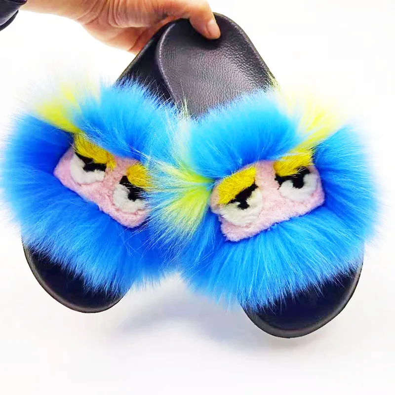 Женщины Монстр Мягкие тапочки Femmes из натурального Лисьего меха шлепанцы без