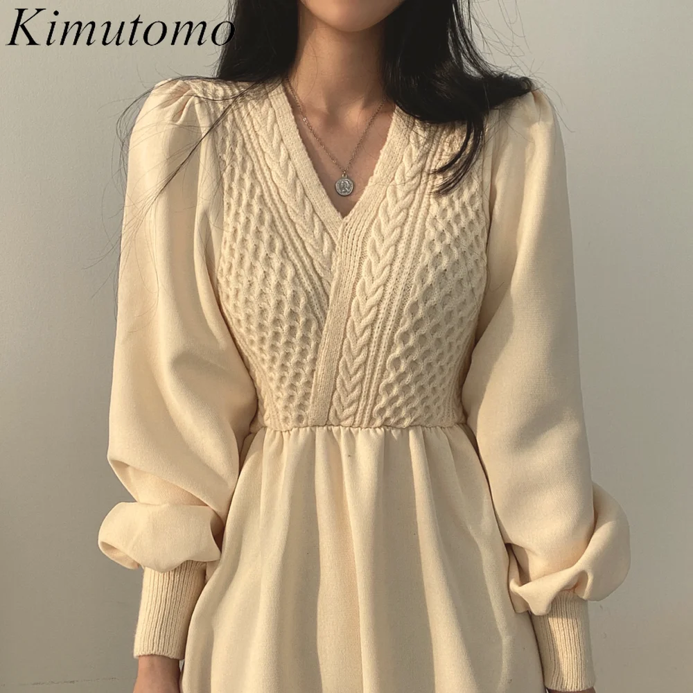 

Kimutomo Chic Long Dresses Woman Autumn Winter New Vintage Knit Stitching V-neck Waist Corduroy Lantern Sleeve Mid-length Dress