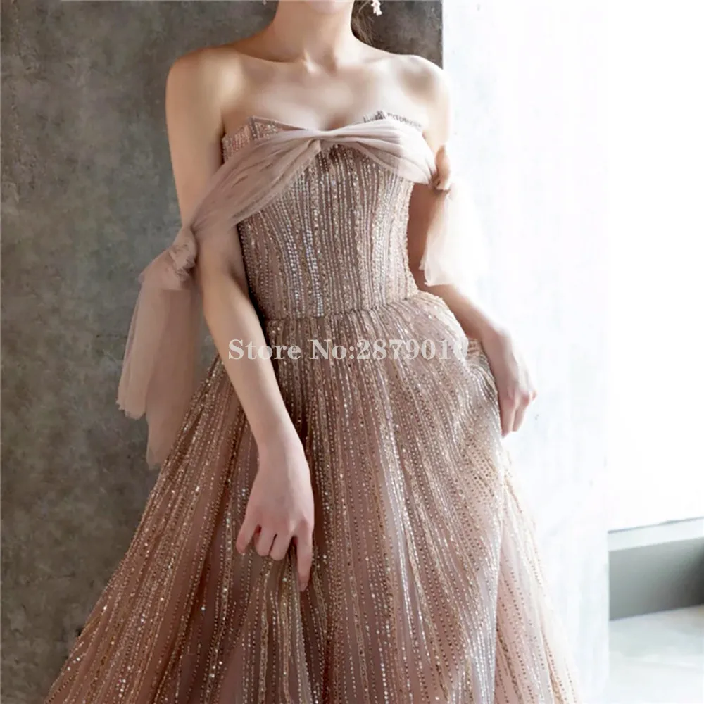 

Pink Off The Shoulder A-Line Evening Dresses Floor-Length 2020 Beaded Sequins Prom Dress Luxury Formal Dress Dubai Zipper