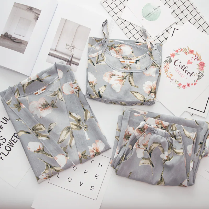 Женский пижамный комплект из трех предметов одежда для сна с цветочным принтом