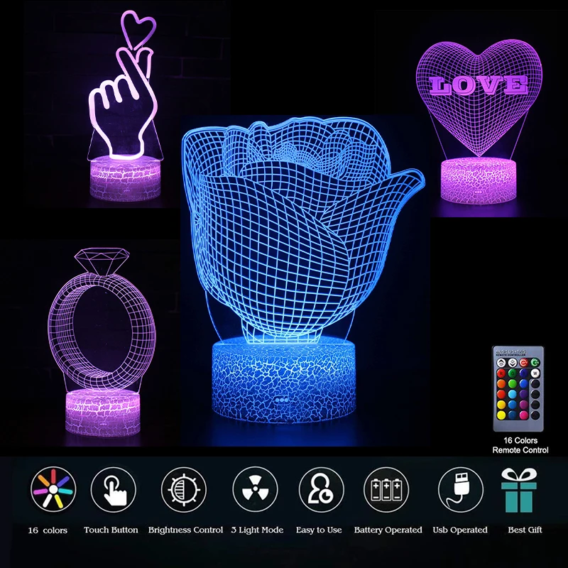 

3D Lamp Valentine's Day Night Light Rose Heart Shape Love Ring Design Table Lamp LED Colorful For Home Party Wedding Decor Gifts