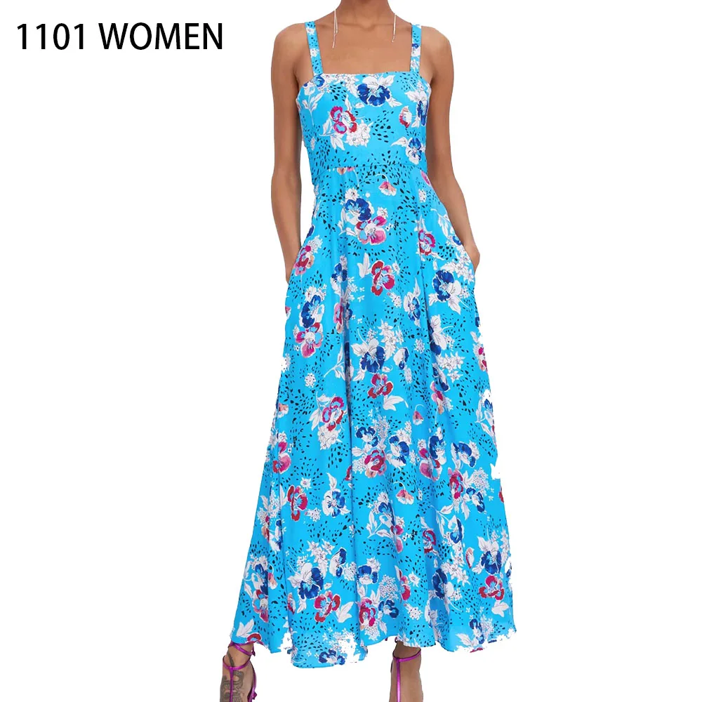 ZA Новое весеннее женское синее Цветочное платье с тонкими бретельками до