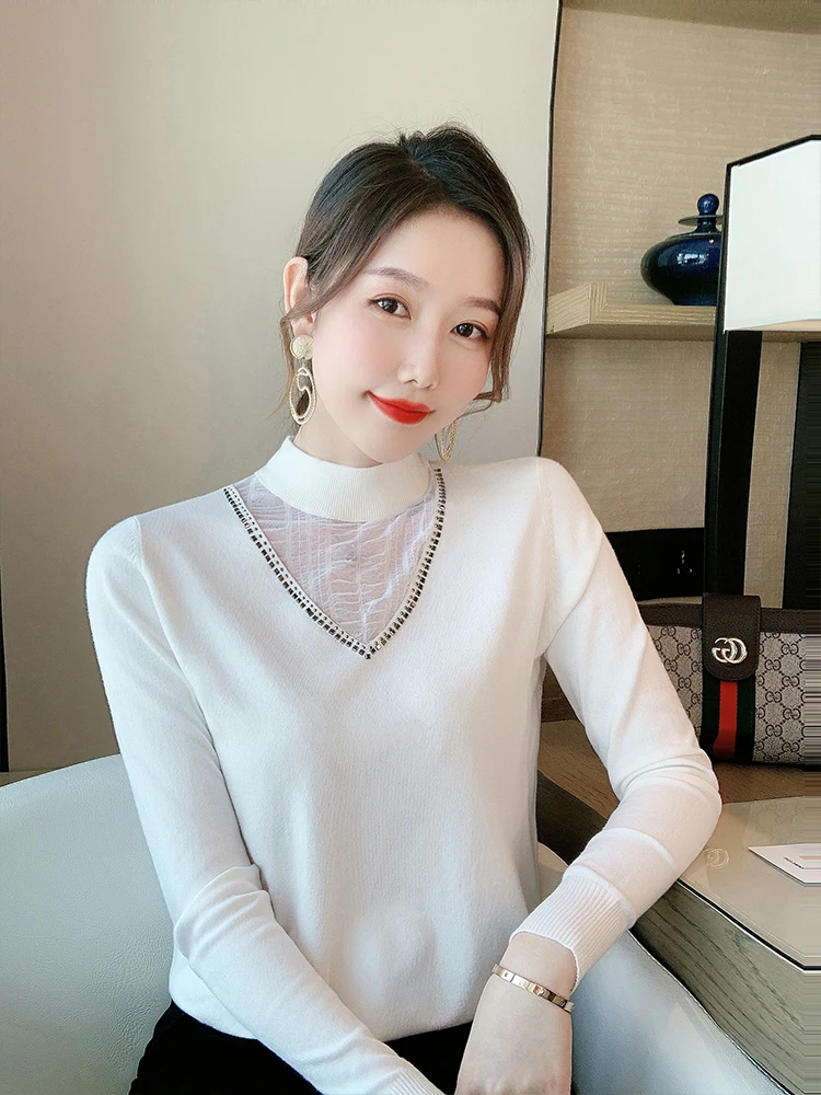 

Half high neck women's sweater with mesh stitching 2020 new slim fit top
