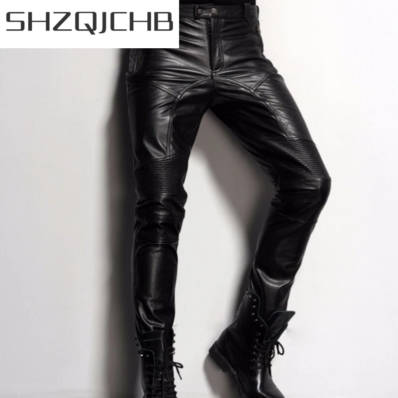 

JCHB 2021 Luxury Mens Cowhide Real Leather Pants Motorcycle Windproof Top Quality Leather Pants Slim Fit Long Trousers Straight