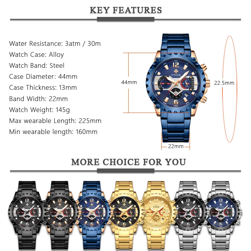 

WWOOR Brand Luxury Men Sports Watches Men's Quartz Multifunction Chronograph Waterproof Stainless Steel Wrist Watch Blue for Men