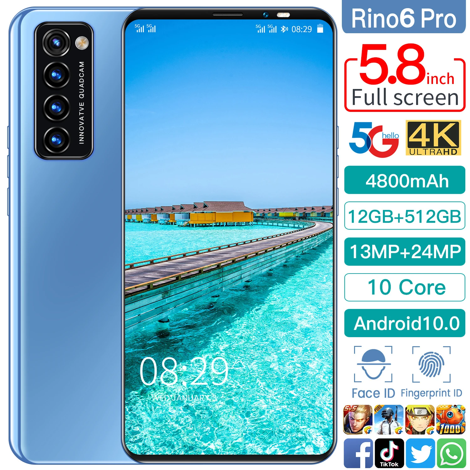 

Rino6 Pro 5.8 HD Smartphones Android10 Face wake Memory 12GB +512GB Camera 13MP+24MP 4800mAh Dual SIM Card 4G 5G Global Version