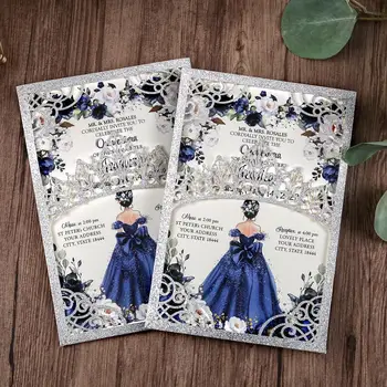 50pcs 럭셔리 빛나는 레이저 컷 결혼식 초대장 실버 컬러 웨딩 카드 결혼식/Quinceanera/생일