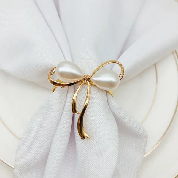 

8Pcs/Lot Wedding Napkin Ring Pearl Bow Napkin Buckle Metal Plating Napkin Ring Holiday Party Desktop Decoration