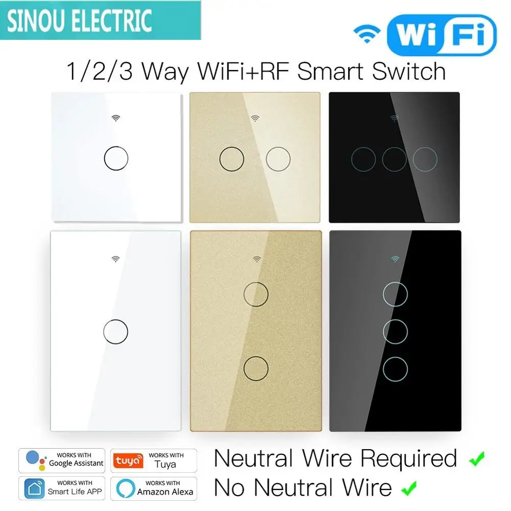

WiFi Smart Light Touch Switch No Neutral Wire Required Smart Life Tuya APP control Alexa Google Home Compatible 1/2/3 Gang EU US