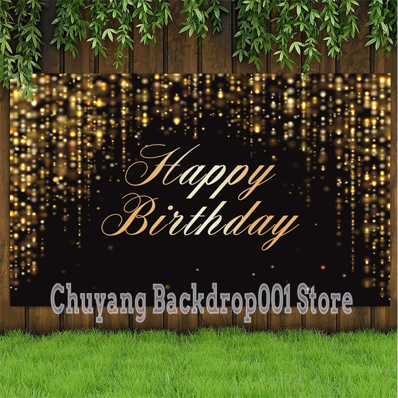 Happy Birthday Party Backdrop Black Gold Glitter Bokeh Sequin Spots Photography Background Golden Sparkle Shining Dots Banner