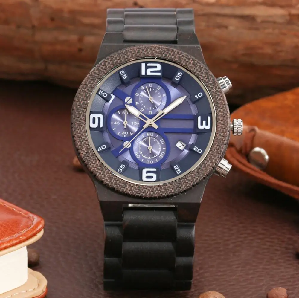 

High Graded Fashion Blue Mineral Dial Wooden Watch Men's Sport Chronograph Calendar Watches Functional Watches Relogio Masculino