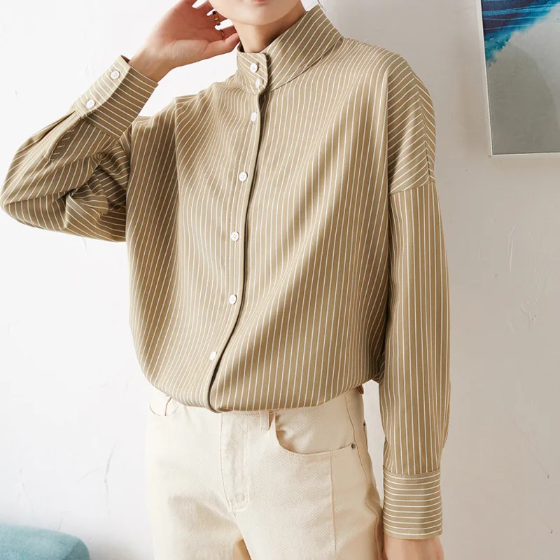 

Хлопковая и новая шелковая рубашка с длинными рукавами, свободная рубашка с длинными рукавами для отдыха, работы, обтягивающая рубашка для ...